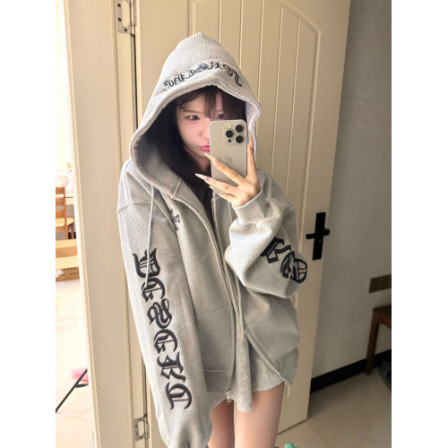 美式高街華夫格哥特風字母連帽衛衣女秋冬加厚開衫拉鍊情侶裝外套 美式高街華夫格哥特風字母連帽衛衣女秋冬加厚開衫拉鍊情侶裝外套