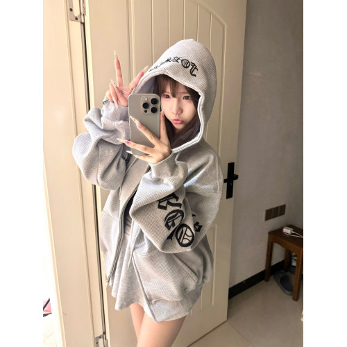 美式高街華夫格哥特風字母連帽衛衣女秋冬加厚開衫拉鍊情侶裝外套 美式高街華夫格哥特風字母連帽衛衣女秋冬加厚開衫拉鍊情侶裝外套