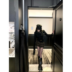 Barb Chill黑色毛衣女秋冬格子打底衫套頭針織衫內搭假兩件上衣