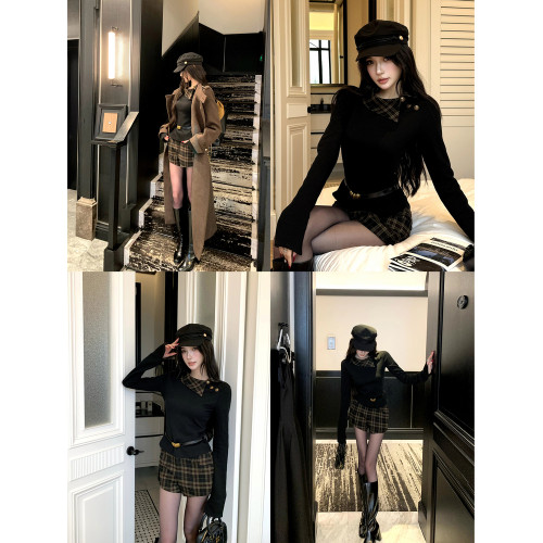 Barb Chill黑色毛衣女秋冬格子打底衫套頭針織衫內搭假兩件上衣