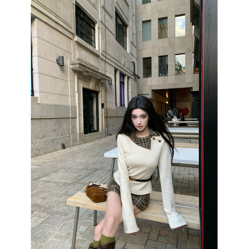 Barb Chill黑色毛衣女秋冬格子打底衫套頭針織衫內搭假兩件上衣