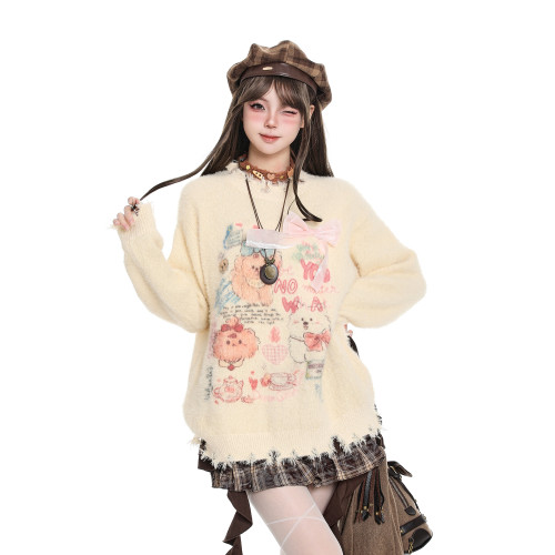 韓系穿搭甜美卡通套頭毛衣女秋冬奶fufu慵懶風設計感軟糯針織上衣 韓系穿搭甜美卡通套頭毛衣女秋冬奶fufu慵懶風設計感軟糯針織上衣