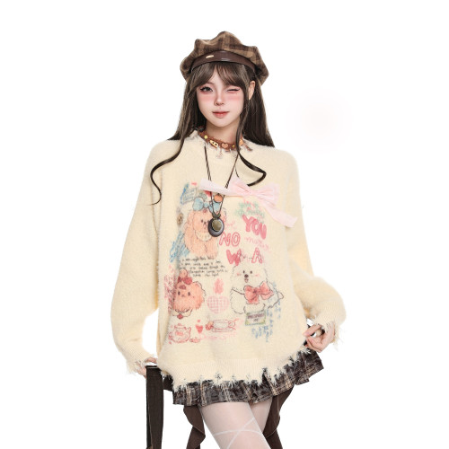 韓系穿搭甜美卡通套頭毛衣女秋冬奶fufu慵懶風設計感軟糯針織上衣 韓系穿搭甜美卡通套頭毛衣女秋冬奶fufu慵懶風設計感軟糯針織上衣