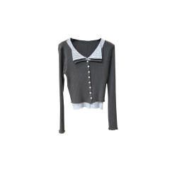 2025年秋季新款韓版十三行修身撞色假兩件減齡顯瘦百搭排釦針織衫