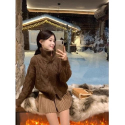 高領麻花拉鍊開衫毛衣女款2025新款秋冬季加厚慵懶風立領針織外套