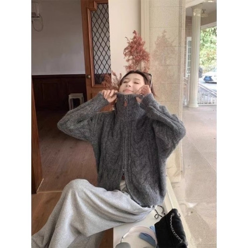 高領麻花拉鍊開衫毛衣女款2025新款秋冬季加厚慵懶風立領針織外套