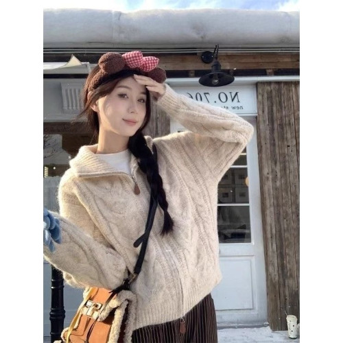 高領麻花拉鍊開衫毛衣女款2025新款秋冬季加厚慵懶風立領針織外套