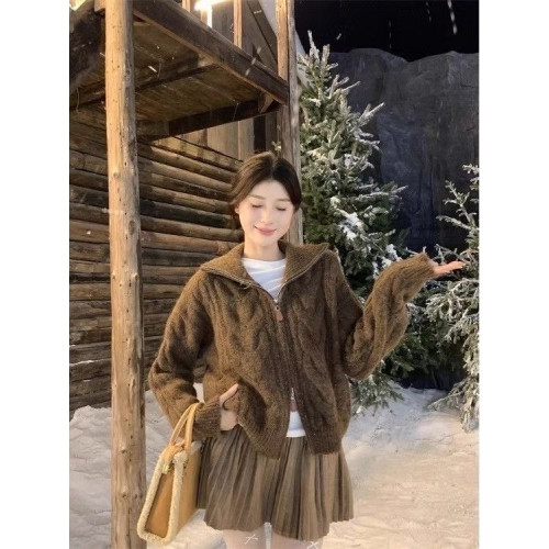 高領麻花拉鍊開衫毛衣女款2025新款秋冬季加厚慵懶風立領針織外套