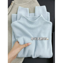 海鹽藍軟糯chic半高領毛針織衫女春季秋冬曡穿小立領內搭打底上衣