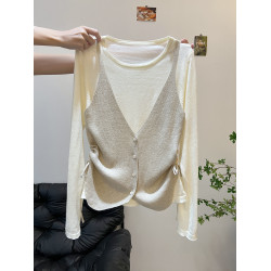 早秋復古撞色假兩件針織打底衫女設計感抽繩收腰顯瘦長袖絕美上衣