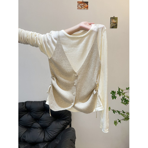 早秋復古撞色假兩件針織打底衫女設計感抽繩收腰顯瘦長袖絕美上衣 早秋復古撞色假兩件針織打底衫女設計感抽繩收腰顯瘦長袖絕美上衣