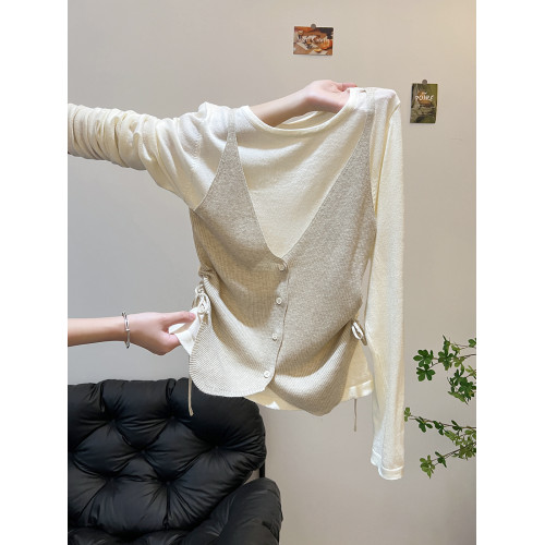 早秋復古撞色假兩件針織打底衫女設計感抽繩收腰顯瘦長袖絕美上衣 早秋復古撞色假兩件針織打底衫女設計感抽繩收腰顯瘦長袖絕美上衣