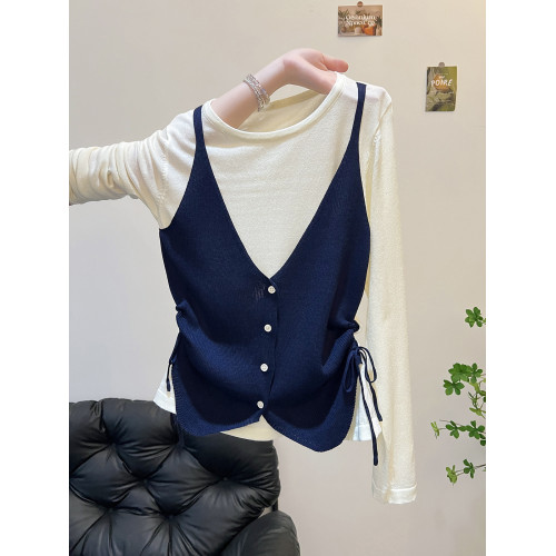 早秋復古撞色假兩件針織打底衫女設計感抽繩收腰顯瘦長袖絕美上衣 早秋復古撞色假兩件針織打底衫女設計感抽繩收腰顯瘦長袖絕美上衣