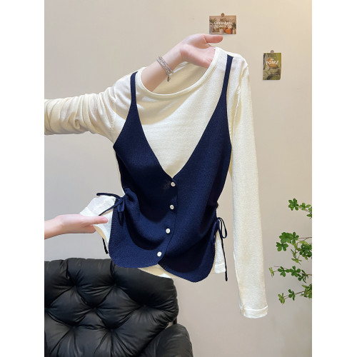 早秋復古撞色假兩件針織打底衫女設計感抽繩收腰顯瘦長袖絕美上衣 早秋復古撞色假兩件針織打底衫女設計感抽繩收腰顯瘦長袖絕美上衣