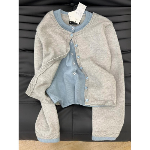 格雷系假兩件針織毛衣外套女2025秋冬新款灰色高級感撞色開衫上衣