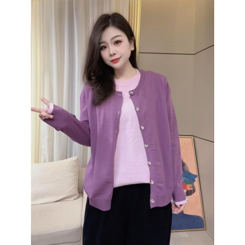 大碼胖mm設計感拼色假兩件針織開衫女休閒溫柔高級感秋冬毛衣上衣