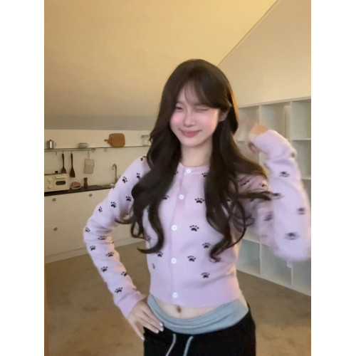 韓系粉色甜美波點圓領針織開衫女早秋季修身軟糯內搭露肩毛衣上衣