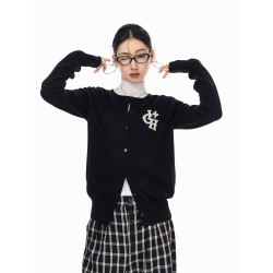 ICH MODE 美式復古珍珠針織開衫女春秋季氛圍感外搭休閒毛衣外套