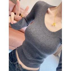 2025秋季新款氣質時尚u型領洋氣長袖針織衫女修身顯瘦打底衫上衣