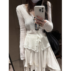 慵嬾老錢風白色鏤空馬海毛針織開衫女秋冬高級感收腰毛衣罩衫外套