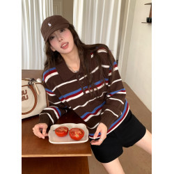 美式慵懶復古條紋polo領針織衫女秋冬季撞色毛衣翻領長袖寬松上衣