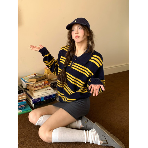 美式慵懶復古條紋polo領針織衫女秋冬季撞色毛衣翻領長袖寬松上衣 美式慵懶復古條紋polo領針織衫女秋冬季撞色毛衣翻領長袖寬松上衣