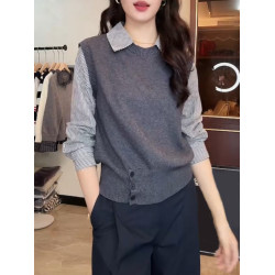 高級感假兩件條紋襯衫拼接毛衣女裝秋冬季2025新款上衣針織打底衫