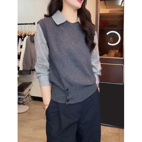 高級感假兩件條紋襯衫拼接毛衣女裝秋冬季2025新款上衣針織打底衫 高級感假兩件條紋襯衫拼接毛衣女裝秋冬季2025新款上衣針織打底衫