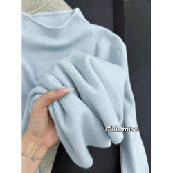 海鹽藍軟糯chic半高領毛針織衫女秋冬曡穿小立領氣質內搭打底上衣