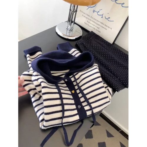 復古條紋連帽長袖開衫毛衣女2025年秋季新款新款時尚百搭外套上衣