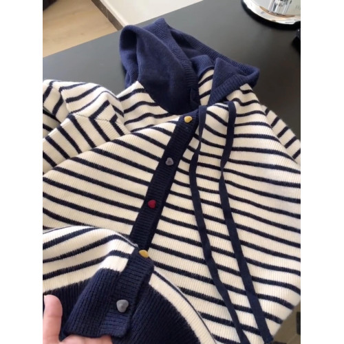 復古條紋連帽長袖開衫毛衣女2025年秋季新款新款時尚百搭外套上衣