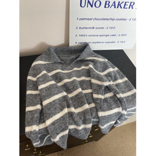 松弛感軟糯撞色條紋長袖毛衣女秋季2025新款百搭針織寬松小衆上衣