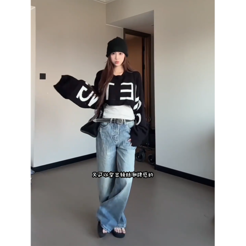 美式復古超大袖子印花休閒短款毛衣女秋冬季小衆設計辣妹針織上衣 美式復古超大袖子印花休閒短款毛衣女秋冬季小衆設計辣妹針織上衣