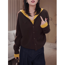 大碼假兩件撞色連帽針織衫女2025秋季新款高級感寬松顯瘦百搭上衣