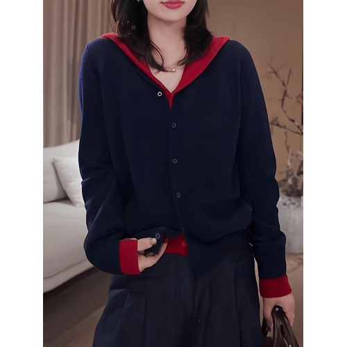 大碼假兩件撞色連帽針織衫女2025秋季新款高級感寬松顯瘦百搭上衣