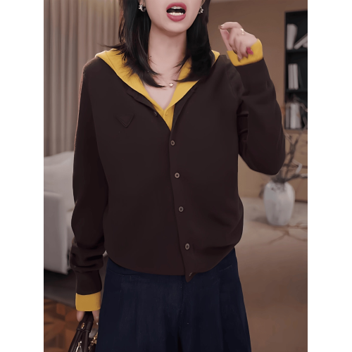 大碼假兩件撞色連帽針織衫女2025秋季新款高級感寬松顯瘦百搭上衣