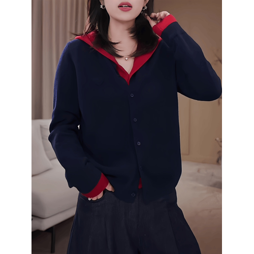 大碼假兩件撞色連帽針織衫女2025秋季新款高級感寬松顯瘦百搭上衣