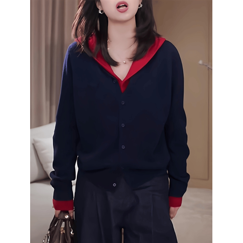 大碼假兩件撞色連帽針織衫女2025秋季新款高級感寬松顯瘦百搭上衣