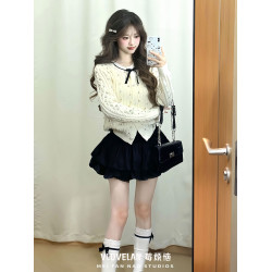 小香風白色蝴蝶結針織衫女秋冬新款燙鑽軟糯小個子麻花毛衣外套女