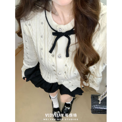 小香風白色蝴蝶結針織衫女秋冬新款燙鑽軟糯小個子麻花毛衣外套女