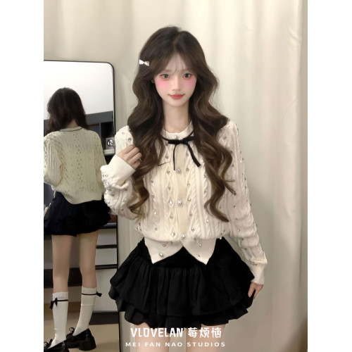 小香風白色蝴蝶結針織衫女秋冬新款燙鑽軟糯小個子麻花毛衣外套女