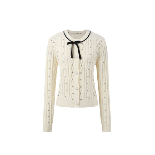 小香風白色蝴蝶結針織衫女秋冬新款燙鑽軟糯小個子麻花毛衣外套女