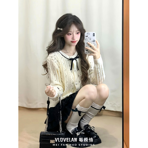 小香風白色蝴蝶結針織衫女秋冬新款燙鑽軟糯小個子麻花毛衣外套女