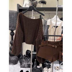 美拉德一字肩針織衫女咖色露肩顯瘦氣質毛衣百搭上衣2025秋季新款