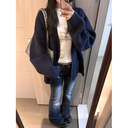 2025早秋新款藏青色針織開衫慵懶感學院風V領寬松秋冬毛衣外套女