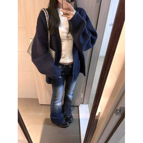 2025早秋新款藏青色針織開衫慵懶感學院風V領寬松秋冬毛衣外套女