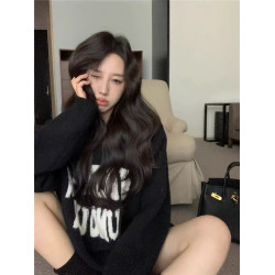 重磅加厚款連帽毛衣外套女春秋寬松慵懶風字母刺綉衛衣灰色針織衫