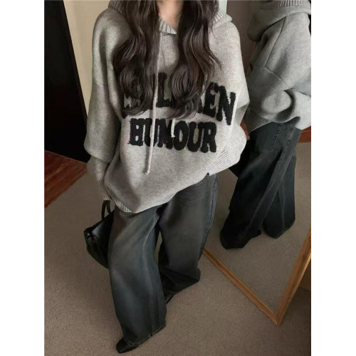 重磅加厚款連帽毛衣外套女春秋寬松慵懶風字母刺綉衛衣灰色針織衫