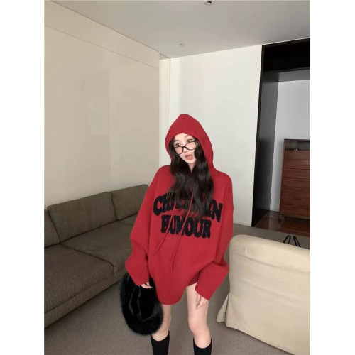 重磅加厚款連帽毛衣外套女春秋寬松慵懶風字母刺綉衛衣灰色針織衫