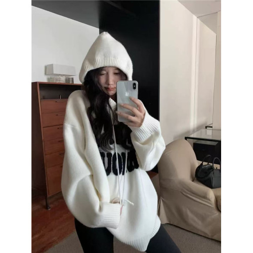 重磅加厚款連帽毛衣外套女春秋寬松慵懶風字母刺綉衛衣灰色針織衫